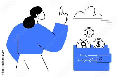 Woman pointing at cloud, digital wallet filled with Euro, Bitcoin, and Dollar coins. Ideal for finance, cryptocurrency, banking, savings cloud storage digital payment and technology themes. Simple