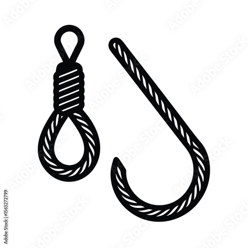Silhouette of a rope noose and a curved hook depicting symbolic concepts of danger and risk