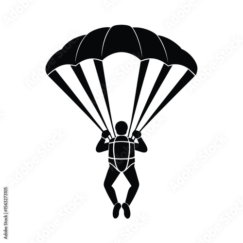 Silhouette of a skydiver descending under a parachute in black and white isolated