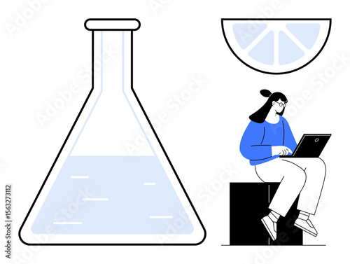 Woman using a laptop seated near a large laboratory flask and a citrus slice above. Ideal for creativity, innovation, science, research, technology, education, and productivity themes. Minimal flat