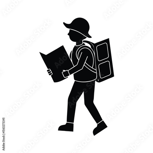 Silhouette of a traveler walking while reading a map with a backpack and a hat