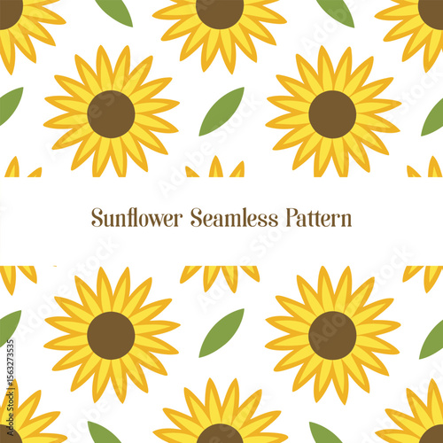 A cheerful and simple seamless pattern featuring stylized sunflowers and leaves on a white background.