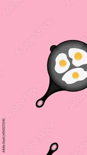 Animation of frying pans with fried eggs falling on pink background