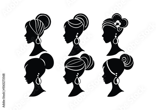 Stylish female profile with bun hairstyle and decorative earring minimal silhouette vector
