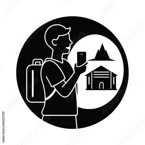 Silhouette of traveler exploring destination with smartphone navigation and mountain viewpoint