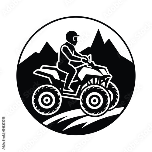 Silhouette of an atv rider in a circle exploring mountain terrain adventure sport illustration