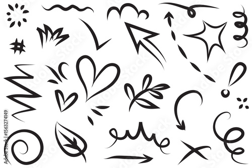Assorted handdrawn black sketches including arrows hearts stars and abstract shapes on a white background