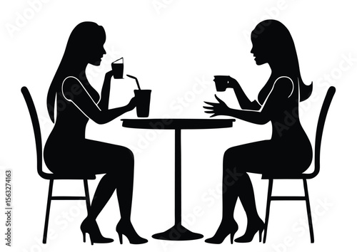 young female friends at café table silhouette minimal icon vector design simple style