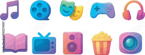 Collection of Colorful Pixel Art Icons Representing Various Entertainment and Media Forms