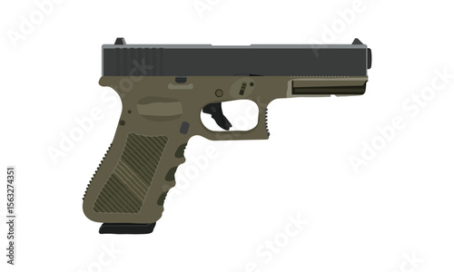 A Handgun Pistol in olive drab and black Vector, Military Green Firearm for Self Defence, Pistol Illustration, Sidearm Self Defence Weapon Isolated on A White Background