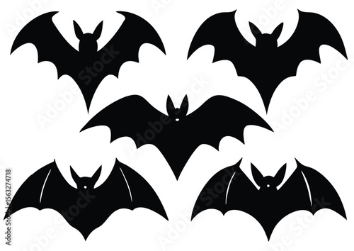 Set of Bat Silhouette Vector Illustration, Simple Flat Design Black Flying Bats Isolated Icon