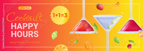 Promo banner template for a cocktail bar. Happy Hour cocktails. The concept of a bar, restaurant, cafe. Vector illustration for posters, banners, advertisements, flyers.