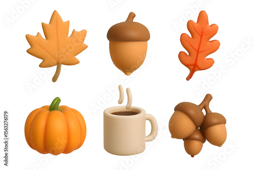 Autumnal icons maple/oak leaves, acorns, pumpkin, & steaming coffee cup