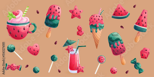 A set of delicious watermelon desserts and sweets on a pink background. The concept of confectionery, cooking, and summer. Isolated vector illustrations for menu design, posters, banners, covers