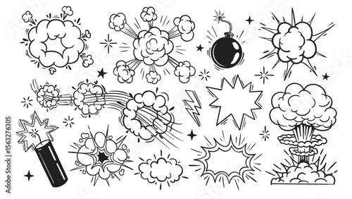 Black and white cartoonstyle explosion graphics on white