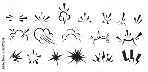 Black and white vector graphic with cartoonish bursts clouds and star shapes in varied arrangements