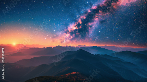 Milky Way Galaxy Shining Above Glowing Planet and Mountain Range at Sunset