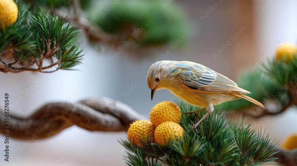 Fototapeta premium A small, vibrant bird perches on a bonsai tree, feasting on yellow fruit.