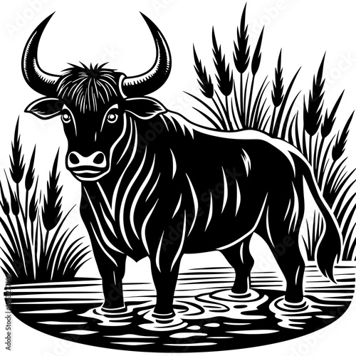 Majestic black bull standing in water surrounded by reeds