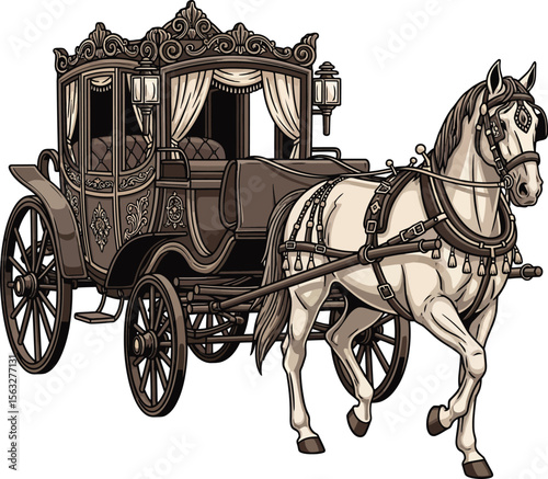 Horse drawn carriage vintage transportation with horse and wheels silhouette isolated on white background