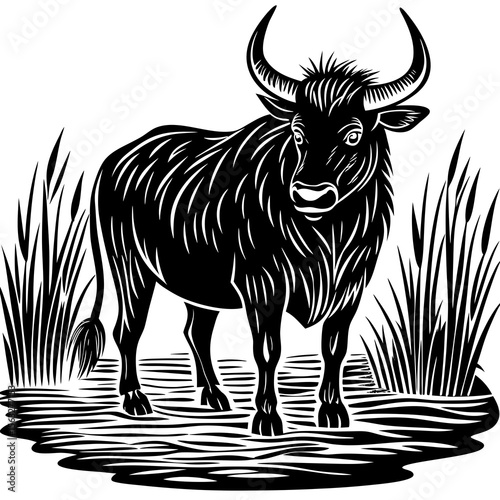 Black and white illustration of a bull standing in water with reeds