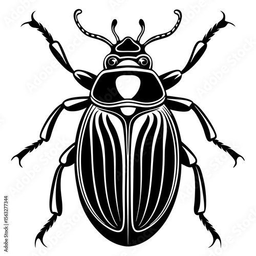 Stylized black and white illustration of a beetle with ornate patterns