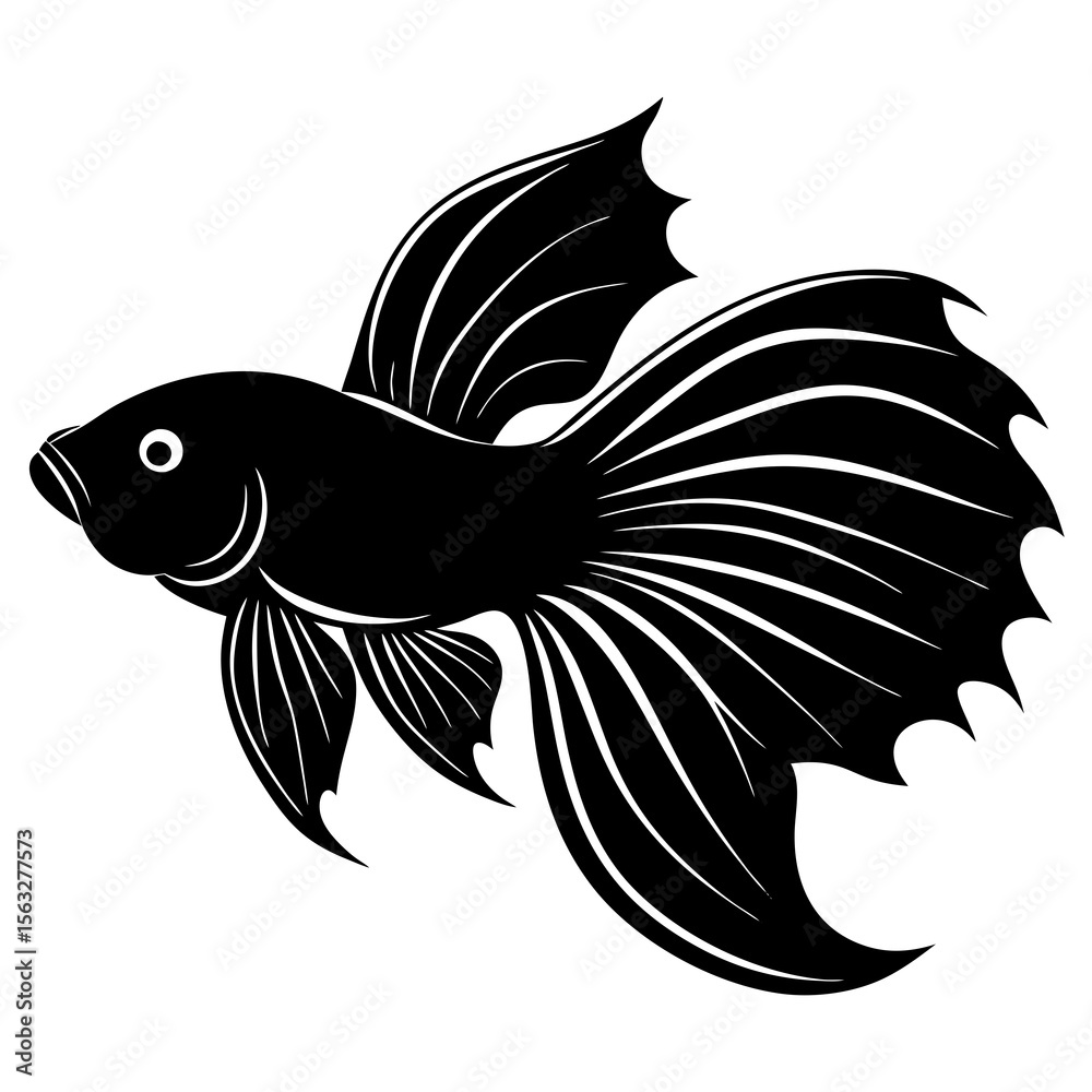 Obraz premium Stylized black silhouette of a betta fish with flowing fins