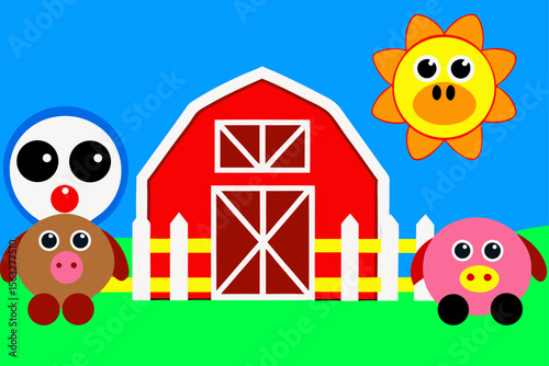 Cartoon Countryside With Farm Animals Red Barn