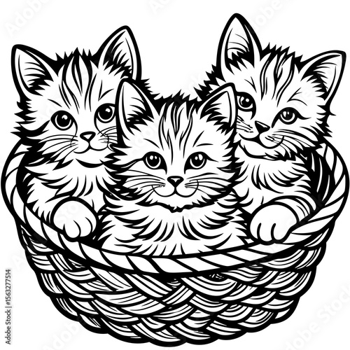 Three adorable fluffy kittens nestled together in a woven basket