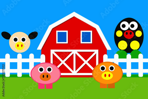 Cartoon Countryside With Farm Animals Red Barn