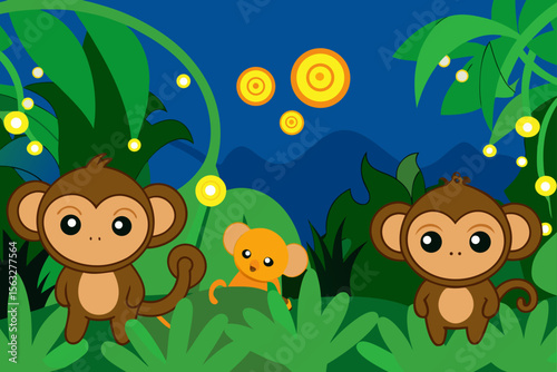 Cartoon Jungle Clearing With Vines Playful Monkeys