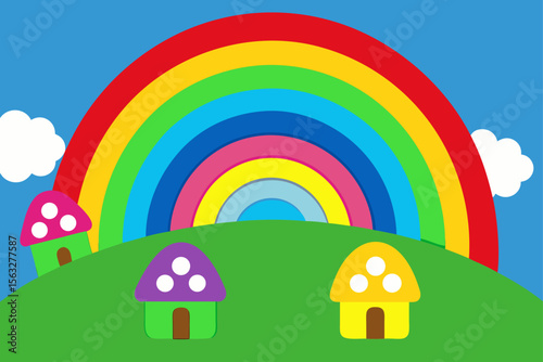 Cartoon Landscape With Rainbow Arching Over Rolling Hills