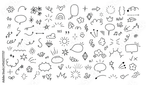 Black outline doodles show stars arrows speech bubbles flowers clouds sun diamonds hearts crowns and more