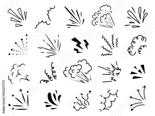 Black  white image shows 20 various handdrawn bursts effects  doodles arranged in a grid on a white background
