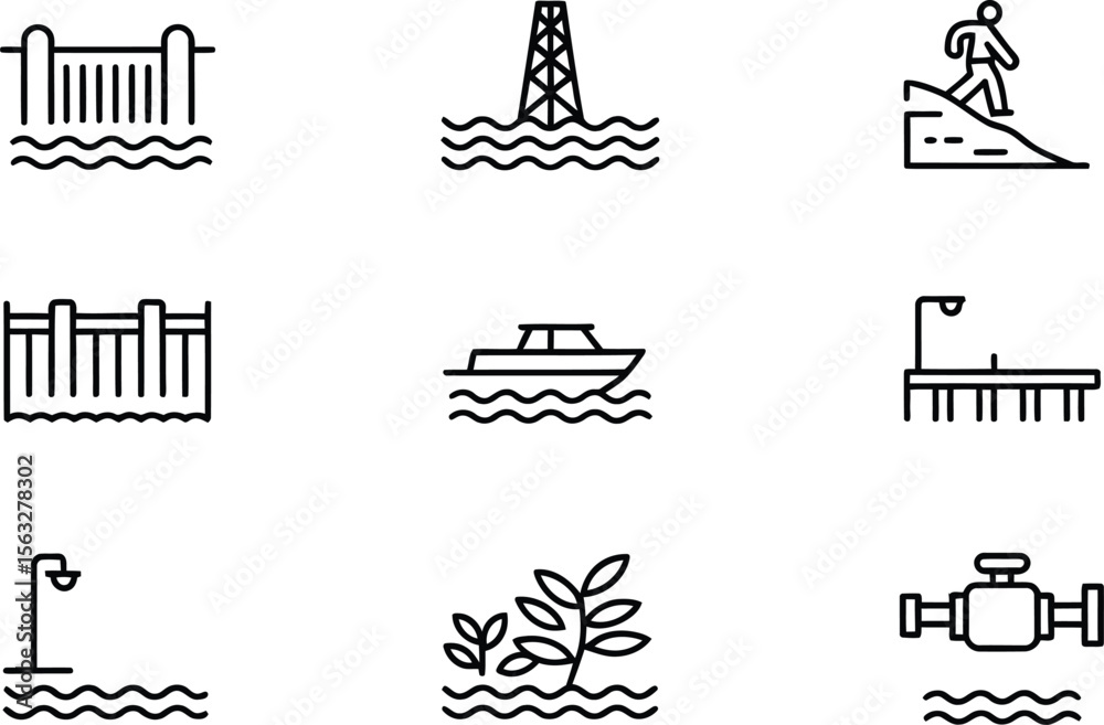 Fototapeta premium Water Infrastructure and Flood Protection Icons, Coastal Barriers, and Environmental Protection