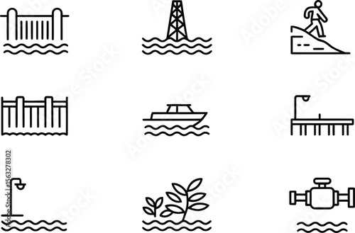 Water Infrastructure and Flood Protection Icons, Coastal Barriers, and Environmental Protection
