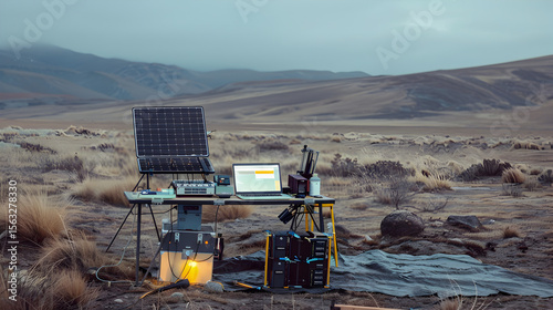 Remote research outpost with solar panels and a laptop set up in a field with mountains in the background presents scientific exploration.