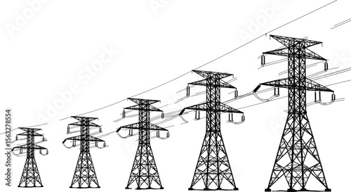 Electric transmission towers, power line infrastructure, high voltage pylons, energy grid system, utility electricity network, industrial electric cable structure