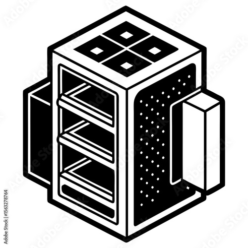 Isometric black and white illustration of a server rack with shelves and cooling vents