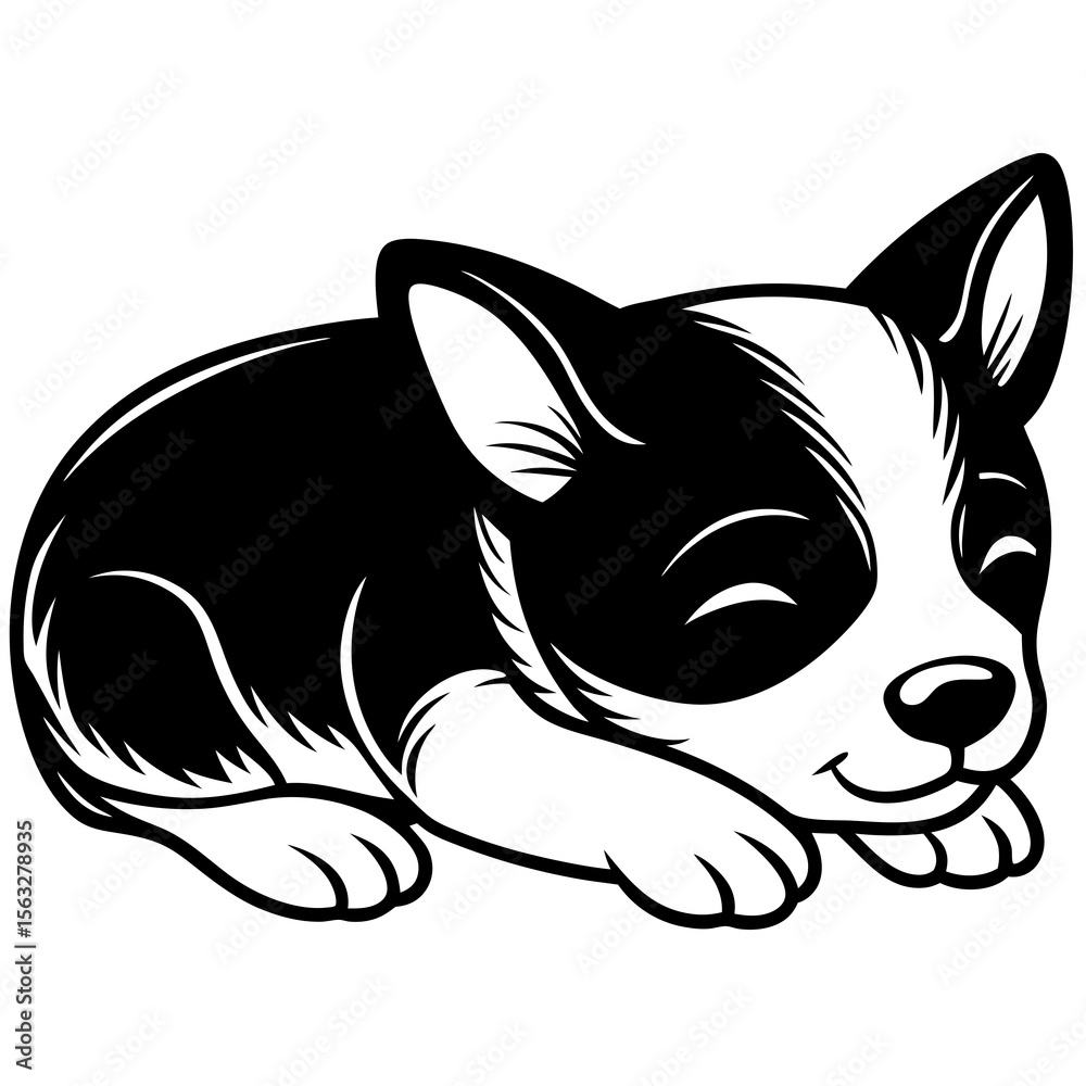 Obraz premium Cute black and white cartoon puppy sleeping peacefully with closed eyes