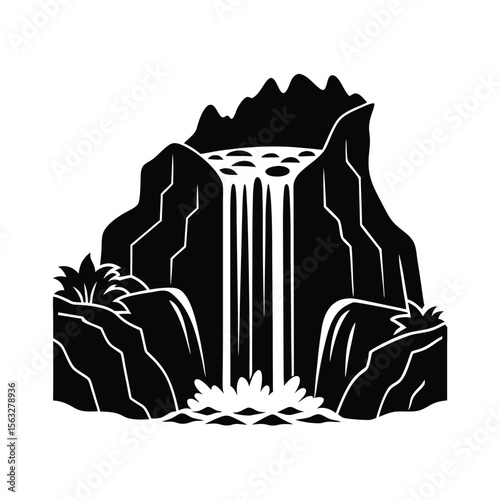 Vector silhouette illustration of a majestic waterfall flowing from rocky mountains and lush vegetation