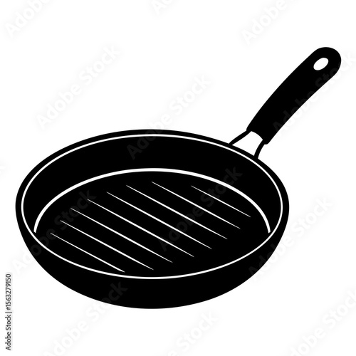 Black silhouette of a grill pan with a handle on a white background