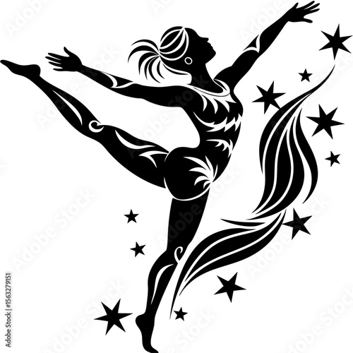 Graceful silhouette of a dancer performing a high leg extension with stars and swirls