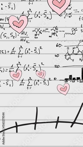 Animation of hearts falling over mathematical equations in school notebook