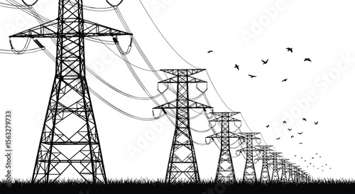 Electricity transmission towers, high voltage power lines, utility pylons in nature, energy infrastructure, electric grid network, birds flying silhouette