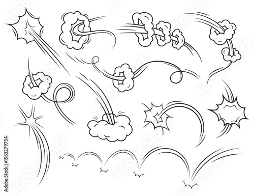 Comicstyle image with assorted motion lines clouds and starburst effects on a plain background