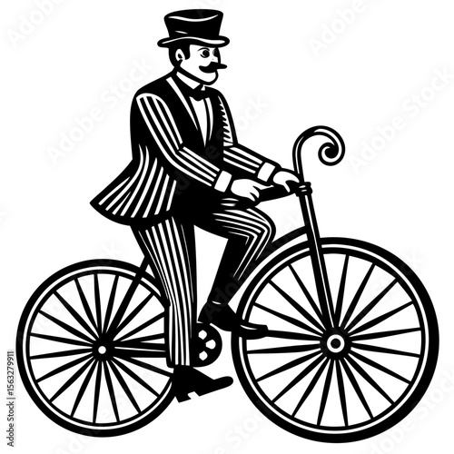 Victorian gentleman riding a penny farthing bicycle in a striped suit and top hat