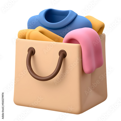 Stylized shopping bag filled with colorful folded clothing