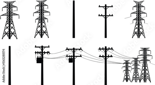 Electricity transmission towers, utility poles, power line infrastructure, energy distribution system, black silhouette vector, industrial grid design, electrical supply illustration