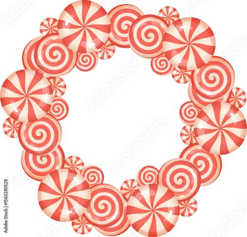 Swirl peppermint candy Christmas wreath in festive round layout